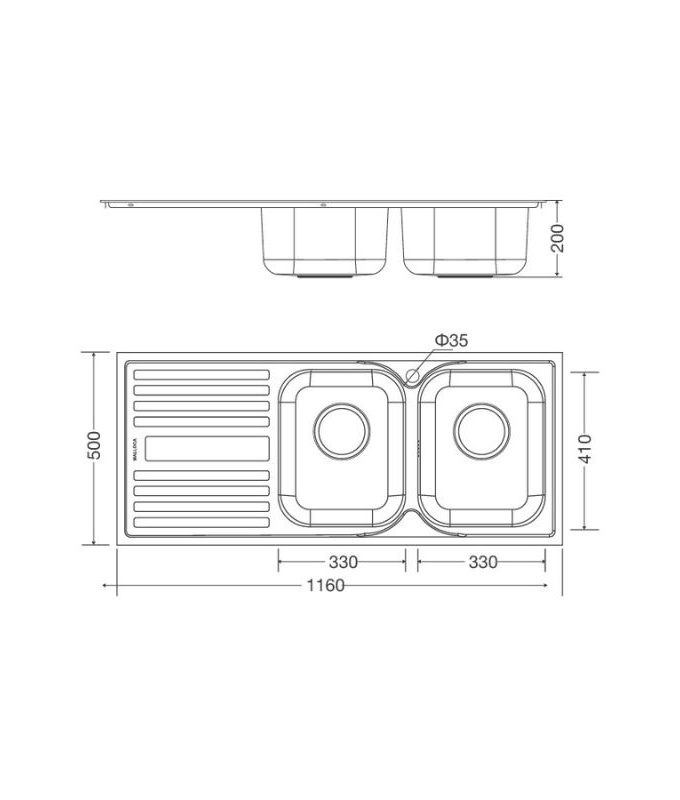Chậu rửa bát inox 2 hố Malloca MS - 1025L NEW 3 Kích thước chậu rửa bát bán thủ công Malloca MS - 1025L NEW