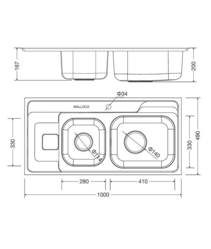 Chậu rửa bát inox 2 hố Malloca MS - 1005 NEW 3 Kích thước chậu rửa bát bán thủ công Malloca MS - 1005 NEW