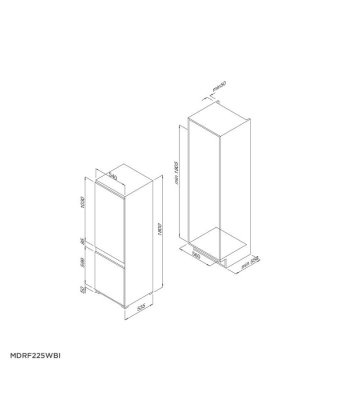 Kích thước tủ lạnh âm tủ Malloca MDRF - 225WBI