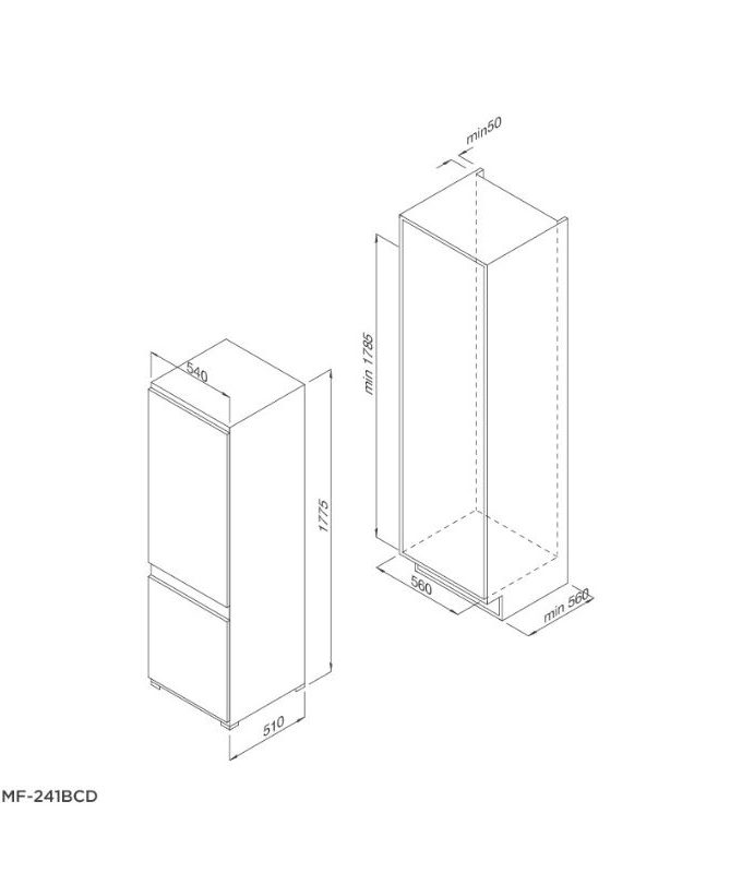 kích thước của Tủ lạnh âm tủ Malloca MF-241BCD